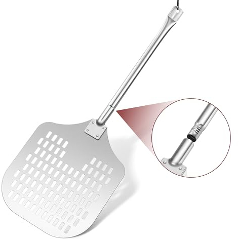 Onader Pizzaschieber, 30,6 x 42,3 cm Großer Fläche Perforierter Pizza Schieberaus Harteloxiertem Aluminium, für Grill Pizzaofen, 12 Zoll Pizzaschaufel mit Abnehmbarem Edelstahl Griff für Pizza Brot