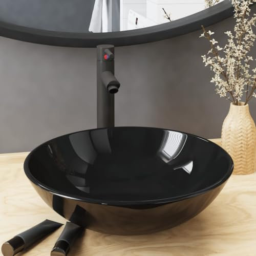 Vetnasa Lavabo de Bain avec Robinet et Drain à Poussoir Verre trempé,Quincaillerie,Plomberie,Équipements sanitaires,Éviers & lavabos,Lavabos,Noir,8.08kg,3098452