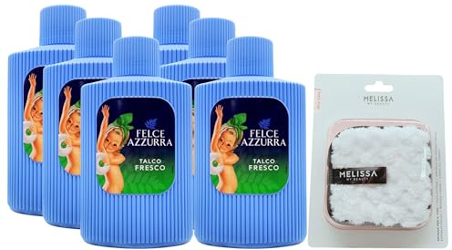 SET: Barattolo Talco, Polvere Naturale Ideale Dopo Il Bagno o La Doccia. Lascia La Pelle Fresca e Profumata. Disponibile In Varie Profumazioni 200g + Spugna Per Il Viso (6 Barattoli+Spugna, FRESCO)