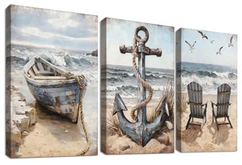 Set of 3 Spiaggia Costiera Stampa su tela Con Cornice Barca a Vela e Ancora Pittura Quadri su tela Vintage Oceano Spiaggia Quadri Moderni Camera da Letto Soggiorno Decorazioni Murale 50x70cm x3pcs