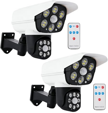 BORDEAG 2 unidades de cámaras falsas solares para exteriores, cámaras de seguridad falsas para exteriores, color blanco, giratorio 360°