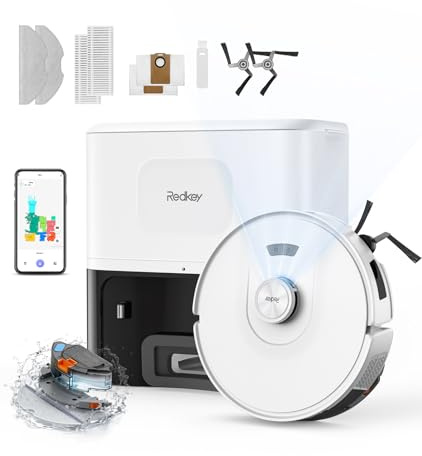 Redkey D8 Robot Aspirador y Fregasuelos, 25000Pa Aspirador Robot con Base, 4L Auto-Vaciado, Anti-Enredo de Cabello, Navegación LiDAR, Ideal para Alfombras y Pelos de Mascotas, Voz y aplicación