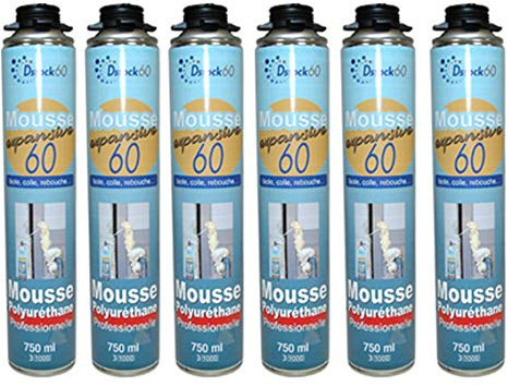 DSTOCK60 - LOT DE 6 MOUSSES PISTOLABLES - MOUSSE EXPANSIVE 750 ML - MOUSSE POLYURÉTHANE PROFESSIONNELLE - ISOLE, COLLE ET REBOUCHE - EXTÉRIEUR ET INTÉRIEUR