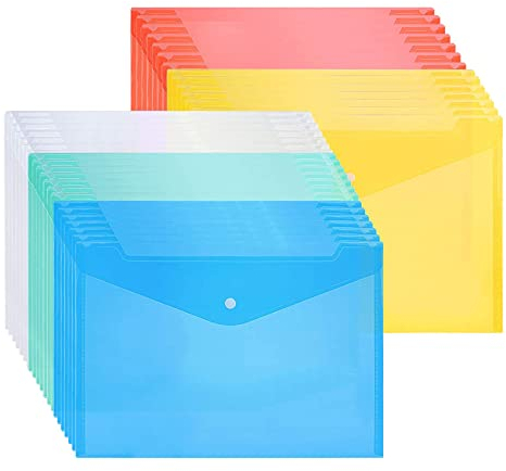 Dokumententaschen A4, 30 Stück Klarsichthülle A4 Dokumentenmappe mit Druckknopf, Sichttasche A4 5 Farben, Dokument Brieftaschen für Schulbüro, Hausaufgaben für Datei,Papier,Quittungen
