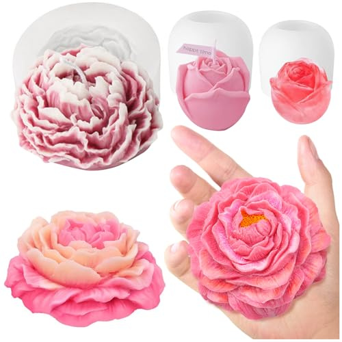 Asaisimg Set med 3 st pionblommor silikon ljusformer, 3D-pion och rosa silikonharts tvålformer, blomma fondant silikonform för handgjord tårtdekoration choklad epoxi gjutning harts hantverk