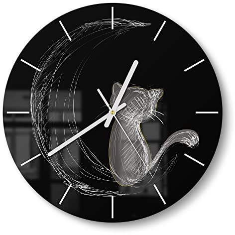 DEQORI Glasuhr | rund Ø 30 cm | Motiv Die Katze und der Mond | ausgefallene leise Design Uhr aus Glas | Wanduhr für Wohnzimmer & Küche | Moderne Hingucker Uhr für die Wand