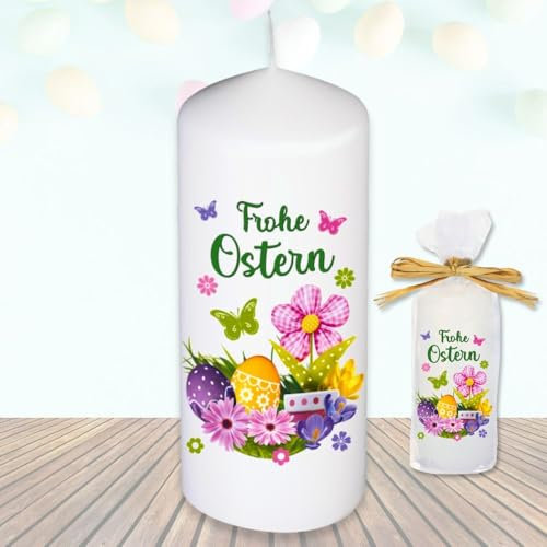 Stumpenkerze Kerze - Frohe Ostern Blume rosa - Für Dich zu Ostern bunte moderne Motive Farben mit Geschenkfolie und Schleife Osterkerze in Geschenkverpackung als Ostergeschenk