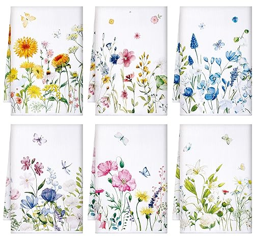 Geyoga 6 Pcs Spring Floral Kitchen Towels Flamingo Dish Hand Towels Sunflower Daisy Flower Wildflower Tea Cloths for Spring Easter Kitchen Bathroom Decor, 16 x 24 Inch(Assorted Color,Colorful Flower)