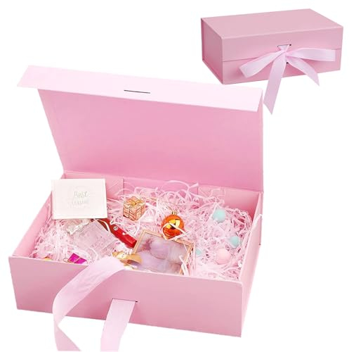 Geschenkbox, Geschenkbox mit Deckel, 21 * 17 * 7cm Geschenkboxen mit Schleife, Geschenkverpackung Magnetfaltbox für Geburtstag, Hochzeit, Valentinstag, Weihnachten, Jubiläum Partei (Rosa)