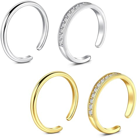 WillTen 2-4 st guld silver tåring rostfritt stål justerbar böj öppen tå ring, blomma pil blad vanlig tunn CZ tonåring finger svansring sommar strand fot smyckesset för kvinnor män