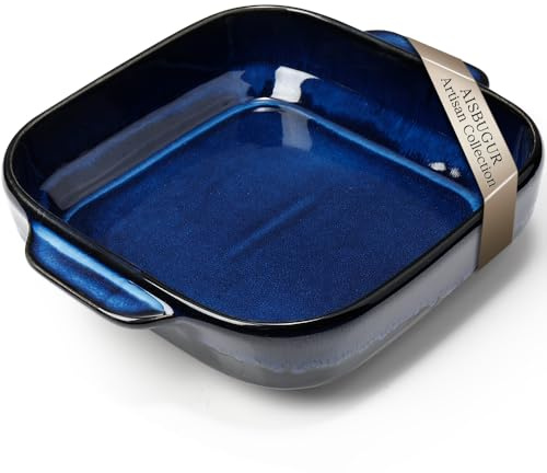 8x8 Baking Pan Ceramic Square Baking Dish Lasagna Pan with Double Handles Deep Casserole Dish for Brownie, Lasagna, Roasting and Great for Kitchen Decor (Reactive Glaze Blue)