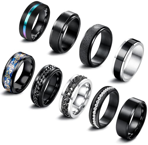 Adramata 9Pcs Edelstahl Ringe Herren Fidget Ring Spinner Ring Vintage Siegelring Cool Band Ring Männer Ehering Verlobungsring Schwarz Silber Ringe Set Anxiety Ring für Herren Damen Schmuck