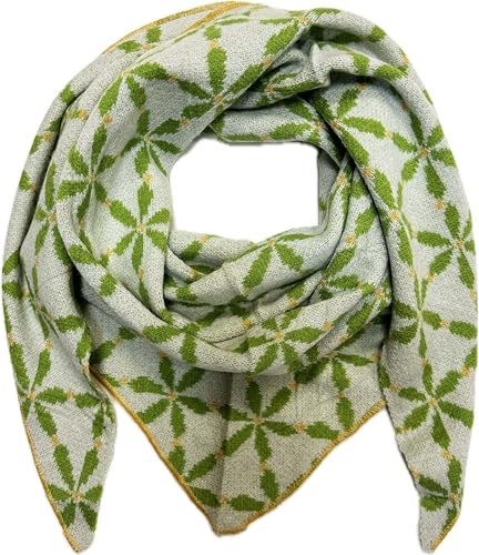Jeamis Sciarpa a triangolo XXL, motivo floreale, calda, invernale, alla moda, per autunno e primavera, sciarpa triangolare, sciarpa tubolare in lana, Beige-verde, 160 x 48 cm