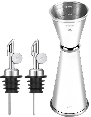 Pafusen Jigger per Bartending, Jigger professionale giapponese da cocktail, Jigger 56,7 g 28,3 g con misure all'interno, acciaio inossidabile 304 di alta qualità (argento, 1 misurino + 2 versatori