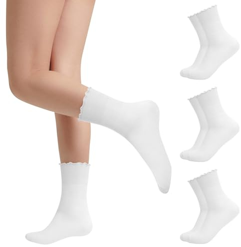 3 paia di calzini Ruffle da donna casual carino caviglia calzini traspiranti maglia morbida volant equipaggio calzini, 3 paia - Bianco, Taglia unica