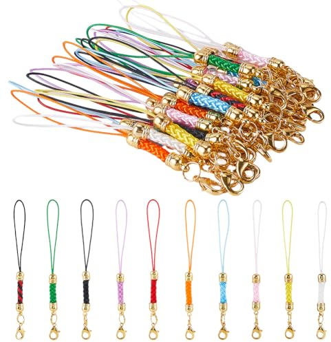 SUNNYCLUE 1 låda 30 st 10 färger telefonband hummerlås telefonremmar berlocker mobil polyester nyckelband Lariat berlock snöre ring strängar med gyllene hummerlås för mobiltelefon nyckelring
