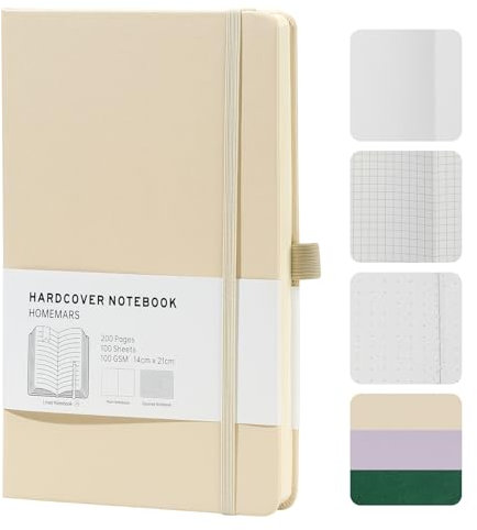 HOMEMARS Notizbuch, Notebook, 21cm*14.5cm,Notizbuch A5 Dotted, Hardcover Leader Bullet Dot Grid Journal, Journal buch, Reisetagebuch, Notizblock, 100GSM, 200 Seiten, Lvory,Leder Hardcover