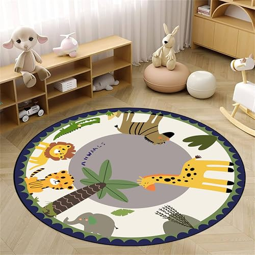 YHUERC Round Animal Zoo Rug, 120cm Children's Cute Cartoon Animal Carpet, Washable Modern Indoor Soft Non-Slip Rug, Giraffe Crocodile Lion Tiger Forest Carpet, for Kids Baby Bedroom Home Decor.