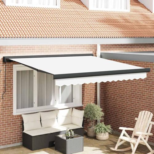 Mokuyary Infällbar markis vit 350 x 250 cm tyg och metall, klämmarkis med handvev, balkongmarkis solskydd för balkong terrass trädgård veranda – A