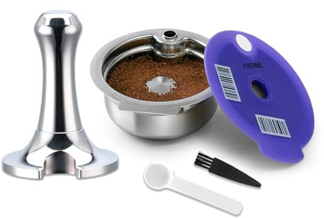 FOVNOT Reusable Coffee Pods for Bosch Tassimo, 180mL Stainless Steel Refillable Coffee Capsule with Silicone Lid and 51mm Tamper Compatible with Tassimo Happy, Vivy, Suny, My Way Series (150mL)