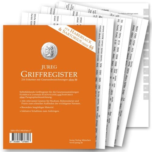 Griffregister für HABERSACK & SARTORIUS ohne §§ | 2025 | selbstklebende Register Etiketten mit Gesetzes-Bezeichnungen OHNE Paragraphen