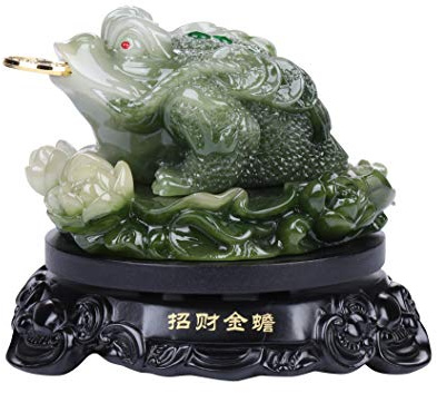 I-MART Money Frog Statue with 360-Degree Rotating Base, Three-Legged Toad Feng Shui Decor, 6 x 5 Inch Jade-Like Green Resin Chan Chu Figurine for Chinese Home, Office Desk and Living Room