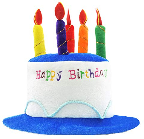 Novelty Place bleu en peluche joyeux anniversaire gâteau chapeau - chapeaux de fête de fantaisie taille adulte unisexe - parfait comme cadeaux - gâteau et 5 bougies multicolores