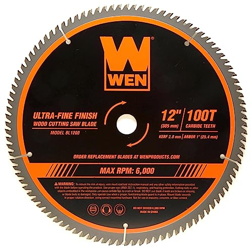 WEN BL1200 12-Inch 100-Tooth Carbide-Tipped Ultra-Fine Finish Professional Woodworking Saw Blade for Miter Saws and Table Saws, Silver