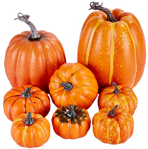 Artmag 8 Pcs Assorted Sizes Harvest Orange Artificial Pumpkins for Fall Halloween Thanksgiving Decorating Embellishing and Displaying