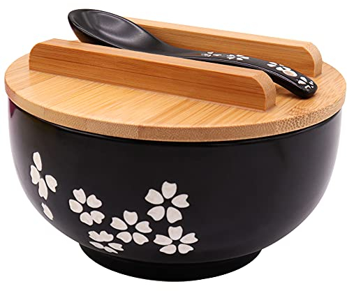 XCMVCN Ramen Schüssel mit Deckel, 1000 ml Schwarze Keramik Ramenschüssel, Premium Japanische Instant Nudel Schüssel für Instantnudeln, Suppe, Nudel, Pho, Udon und Soba