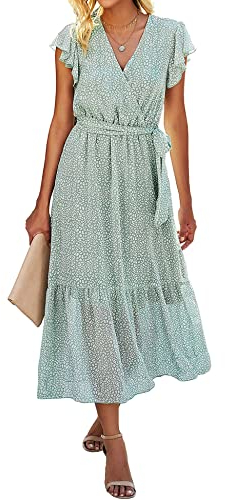 SEVETAT Damen Chiffon Boho Lange Kleid mit Gürtel Sommerkleid Partykleid Elegant V-Ausschnitt Maxikleid Blumenkleid Abendkleid Rüschen Strandkleid Cocktailkleid (Hellgrün, XL)