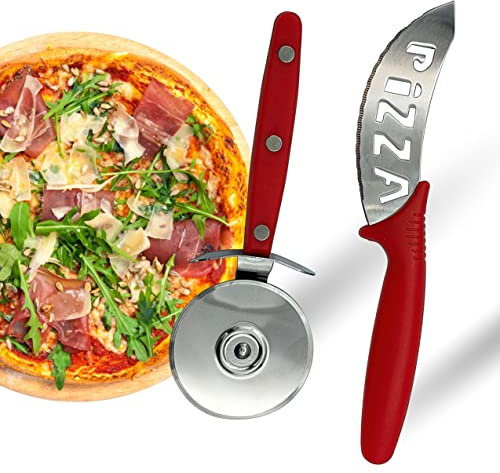 D’Emilia – Set Corta Pizza Profesional de Uso Versátil hecho con Acero Inoxidable para Cocina, Incluye Cuchillo Curvo con Dientes y Rueda Afilada de 6 cm de diámetro