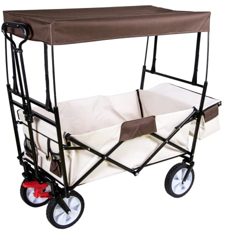 Faltbarer Handwagen mit abnehmbarem Dach & Teleskopgriff, 2 Netztaschen & Kühltasche | Bollerwagen Transportkarre Gerätewagen | Vorderrad-Bremse | klappbar | Vollgummi-Reifen | bis 100 kg Tragkraft