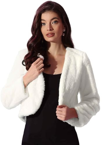 Allegra K Cropped Jacket for Women's Faux Fur with Pockets Long Sleeve Open Front Wedding Bolero Gowns Coat X-Small White