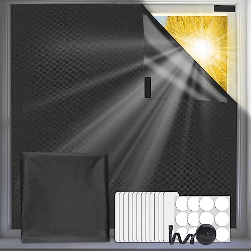 Blackout Blinds Stick On, 300 * 145cm Portable Black Out Material with Sticky Pads,No Drill Temporary Window Cover for Bedroom, Nursery Room,Caravan,Cut to Any Size (BLACK)