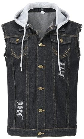 YOUTHUP Gilet Homme en Jeans à Capuche Amovible, Gilet en jeans Vintage déchiré Biker Gilet, Veste en Jean Homme Sans Manches, Gilet Jean Cowboy 2200 Noir, S