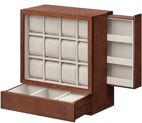 SONGMICS 12-Slot Wooden Watch Box, Watch Display Case with Window, Watch Display Cabinet with Solid Wood Veneer, Vertical Storage, Space Saving, Gift Idea, Coffee Brown JOW014K01