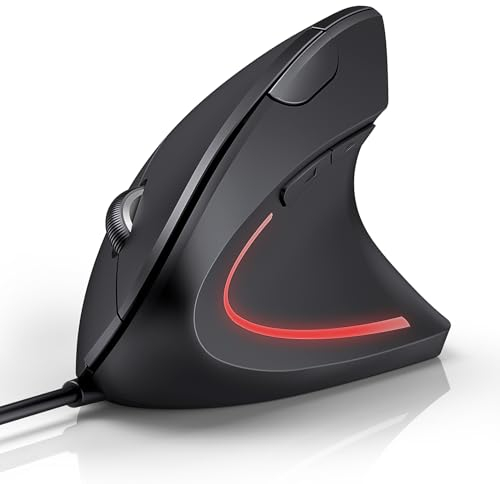 TECKNET Vertikale Maus, verkabelt, 6400 DPI Ergonomische Maus mit Kabel, Handgelenkschutz, USB-Kabel 1,5 m, leise Mouse mit 6 Tasten für PC, Laptop, Windows, Mac, Schwarz