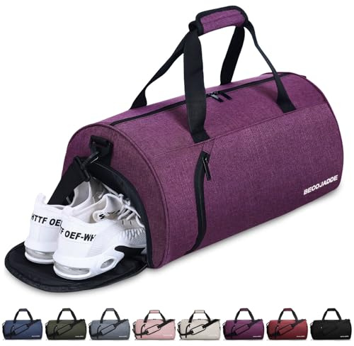 BECOJADDE Gym Bag for Women & Men with Shoe Compartment & Wet Pocket, 35L Travel Sports Duffel Bag for Fitness & Workout, Purple