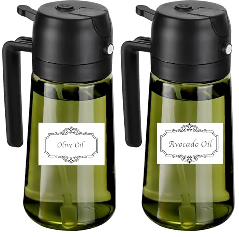 Upgraded Light-blocking Olive Oil Sprayer for Cooking with Labels, 16oz/470ml Dispensing Bottle Coated Green, Glass Oil Dispenser for Kitchen, Oil Mister for Air Fryer, Salad, Frying