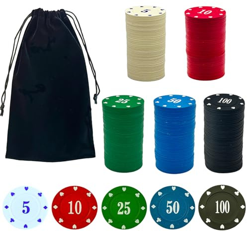 SEETOOOGAMES Denominaciones de fichas de póquer de casino – Juego de 200 fichas de póquer de plástico con números decorativos para jugar Blackjack Mahjong Theme Game Night