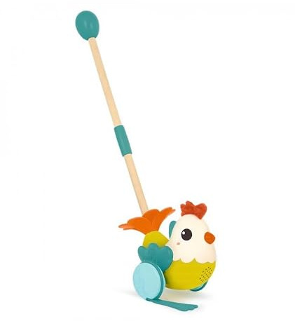 B. toys Chick-n-Chase Animal Push Toy, Chicken with Sounds & Flaps | Chicken stick toy with wooden pole, peep-peep sounds, flappy wings, 3 components, assembled size 6 x 8 x 23 in, 1+ Years