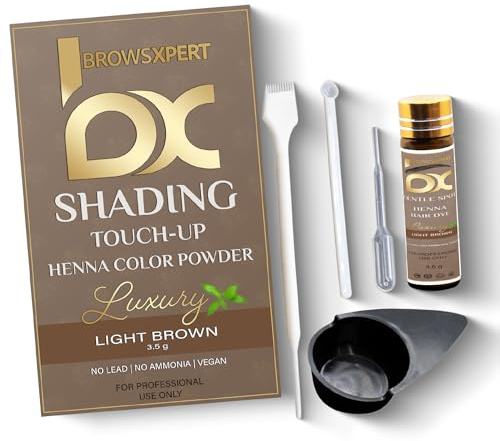 BROWSXPERT Professional Shading Touch-Up Kit — Herbal Henna Color Powder with Mixing Dish, Stir & Brush + Follow Instructions | 3.5g | Light Brown