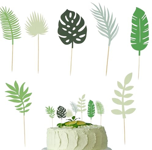 Tropical Leaves Cake Topper, 7 PCS Hawaiian Cake Decorations, Stitch cake Topper, for Jungle Theme Party, Birthday, Wedding Cakes Decoration