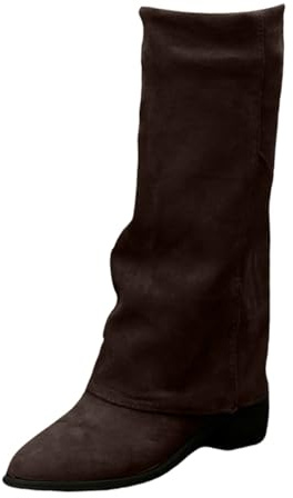 Generisch Stivali alti al ginocchio, da donna, pieghevoli, stivaletti da donna con tacco, tacco a blocco, stivali da cowboy, caffè, 37 EU