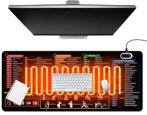 XPJBKC Uppvärmt skrivbordsunderlägg, 80 x 33 cm excel matta tysk med 5 värmenivåer och 4 timmars automatisk avstängning, uppvärmd musmatta XXL, excel short cuts underlaga, tyska för kontor hem