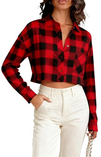 Dressmine Womens Shirts Long Sleeve Shackets Button Down Blouse Fashion Red Checked Shirt Oversized Cropped Plaid Jacket Size 22