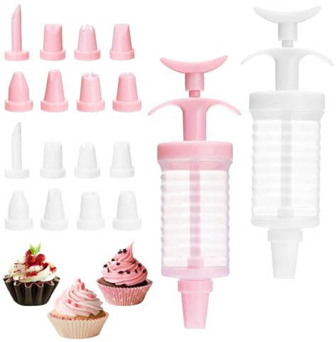 2 Set Icing Syringe and Nozzles Set with 16pcs Plastic Piping Nozzle | Icing Piping Kit, Icing Syringe Set, Cake Decorating Kit for Cookie Cupcake Baking Lover Gift(White+Pink)