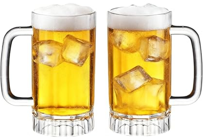 Rerii 16oz Plastic Beer Mugs with Handles Set of 2, Reusable Clear Beer Stein, Plastic Beer Glasses Drinking Cups for Home Hotel Bar Party Wedding & Costume