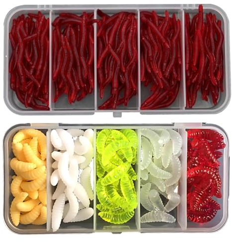 LIULINY 350 Pièces Ver Terre Artificiel Leurre Souple, Appâts de Pêche avec 150 vers Farine 200 Petits vers Terre, Appâts Artificiels Plastique Réalistes Boîte Rangement, pour Carpes, Carassins
